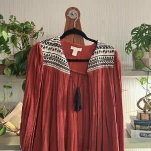 Rust Red Bohemian blouse with Embroidered Collar